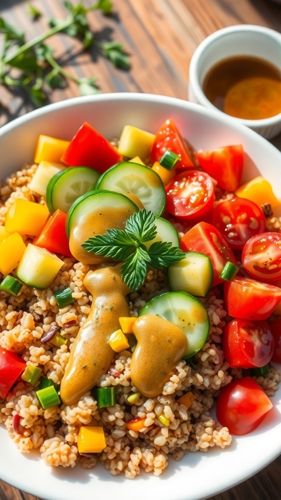 A quinoa bowl with vegetables and dressing on a rustic table.